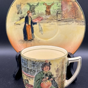 Dickens Ware Tea Cup and Saucer Sairey Camp & Artful Dodger, gold, green ,rose, black rim, VTG Royal Doulton UK