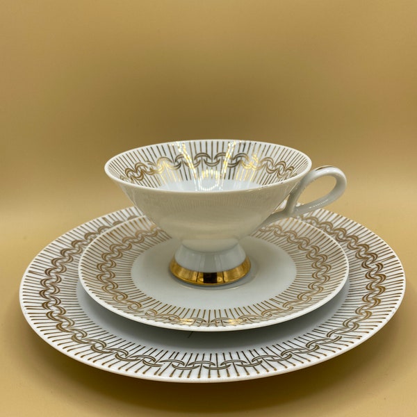 Bareuther Waldsassen 3 pc tea set Bavarian fine china #222 grey rose on white with gilt swagss and striping VTG 1940's MCM Germany