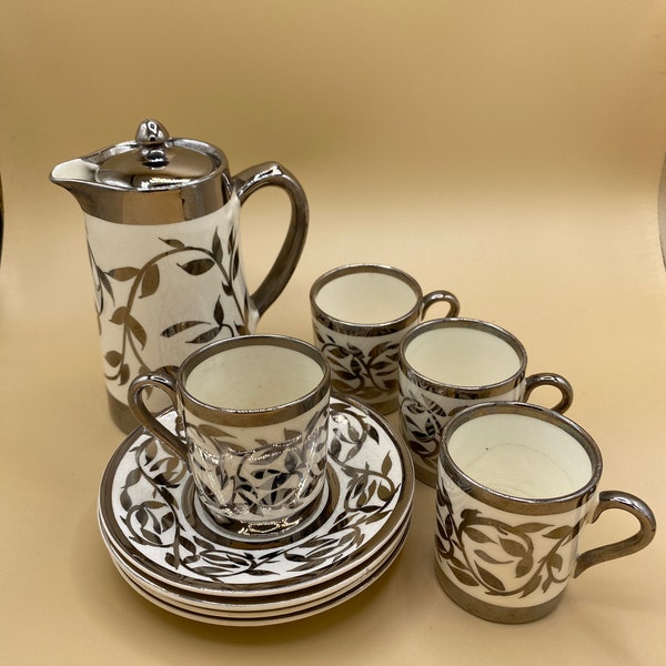 Myott Coffee Set: 4x demi-tasse cups+saucers & 1 small coffee pot/lid.  Semi-porcelain  hand painted silver decoration.  VTG 1950s  UK READ