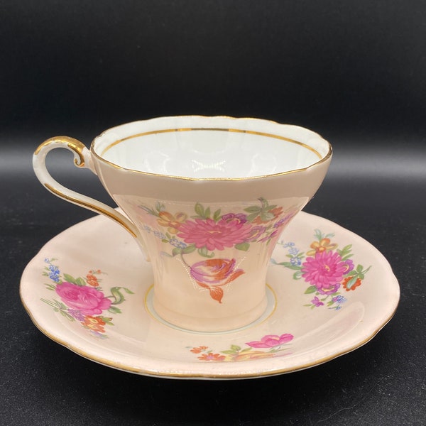 Aynsley Teacup and Saucer bone china, corset shape, floral peach and white, gold rims VTG 1950s England