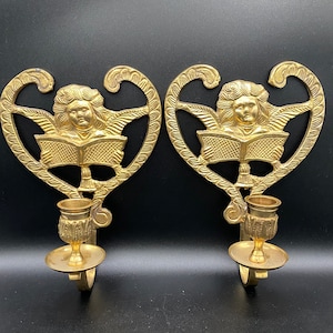Candle Sconce x2, Brass, Christmas angel with song book, VTG 1970s India