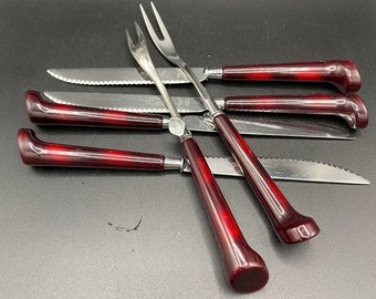 Glo Hill forks x4 + steak knives x2  "Marvo" wine red Bakelite handles, stainless steel tines and blades.  MCM VTG 1960's Canada