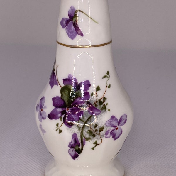 Hammersley Pepper Shaker.  White bone china in "Victorian Violets" pattern: purple and green with gold rim. Vintage 1960s England