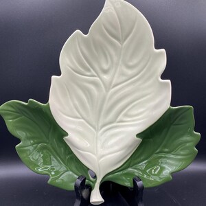 Carlton Ware serving dish, hand painted porcelain, leaf shaped, three sections green and white.  VTG 1930s UK