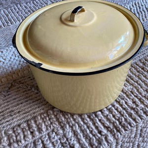 Puede incluir: Una olla de esmalte amarillo con un borde negro y una tapa. La olla tiene un asa en la tapa.
