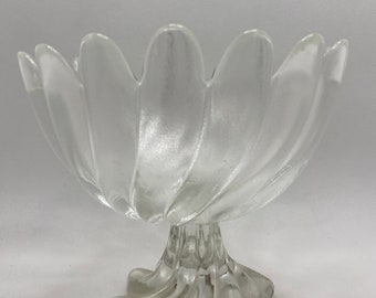 Walther Glas compote bowl. swirl pattern, clear frosted glass with pedestal foot.  Vintage 1980s Germany