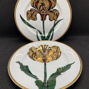 Fitz & Floyd 2x Salad Plates, Iris and Tulip, White, Green, Gold,  Vintage 1979 Spain