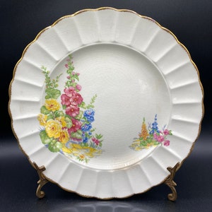 4x Dinner Plates &quot;Hollyhock&quot; vintage earthenware by Sovereign Potters 1930s Canada