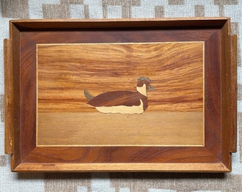 Tray wood marquetry with duck, large.  Hand made, vintage 1970-80s.