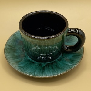 Cup and Saucer Set VTG 1980&#39;s Green/black drip glaze Blue Mountain Pottery of Canada