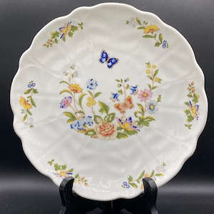 Aynsley dessert plate white bone china pink, blue, green, gold, floral, butterflies, &quot;Cottage Carden&quot;.  VTG &#39;80&#39;s UK