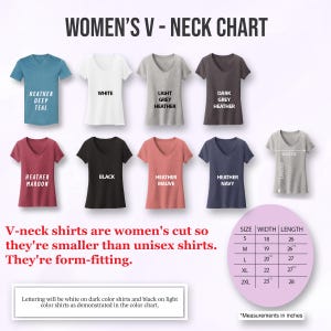 a collection of women's v-neck shirts in various colors and styles, along with a chart that provides size and length measurements for these shirts.