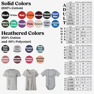 The image is a collage of various clothing items and sizes, including solid colors, heatherbred colors, and toddler sizes. It provides a visual representation of different fabric types and corresponding measurements for each item.