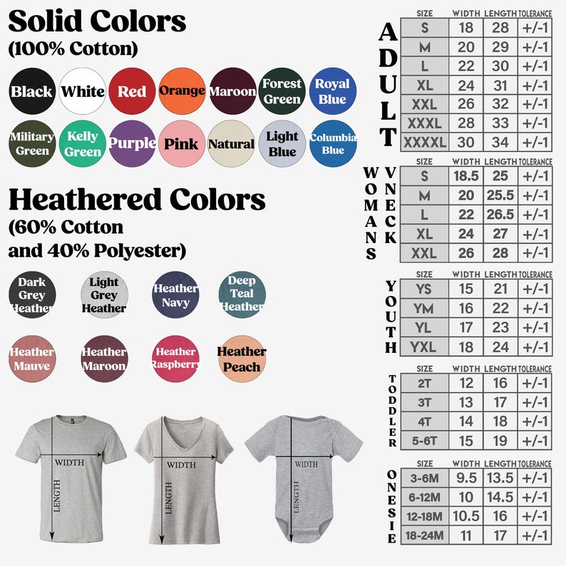 The image is a collage of various clothing items and sizes, including solid colors, heatherbred colors, and toddler sizes. It provides a visual representation of different fabric types and corresponding measurements for each item.