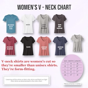 a collection of women's v-neck shirts in various colors and styles, along with a chart that provides size and length measurements for these shirts.