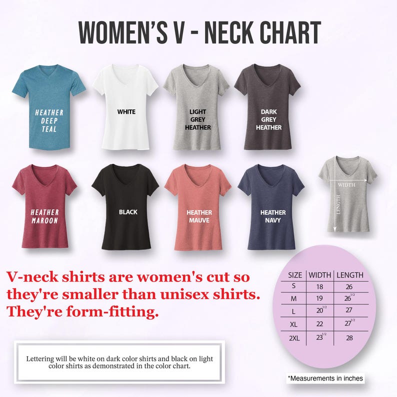 a collection of women's v-neck shirts in various colors and styles, along with a chart that provides size and length measurements for these shirts.