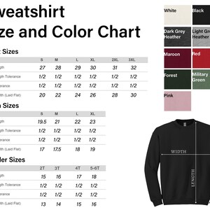 The image is a size and color chart for sweatshirts, providing information on different sizes and corresponding colors.