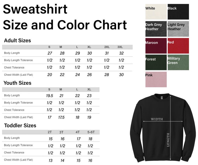 The image is a size and color chart for sweatshirts, providing information on different sizes and corresponding colors.