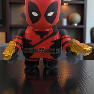 May include: A red and black Deadpool figure with a stylized design. The figure has a red mask with white eyes and black accents. It is holding two gold-colored toy guns. The figure is standing on a dark surface.