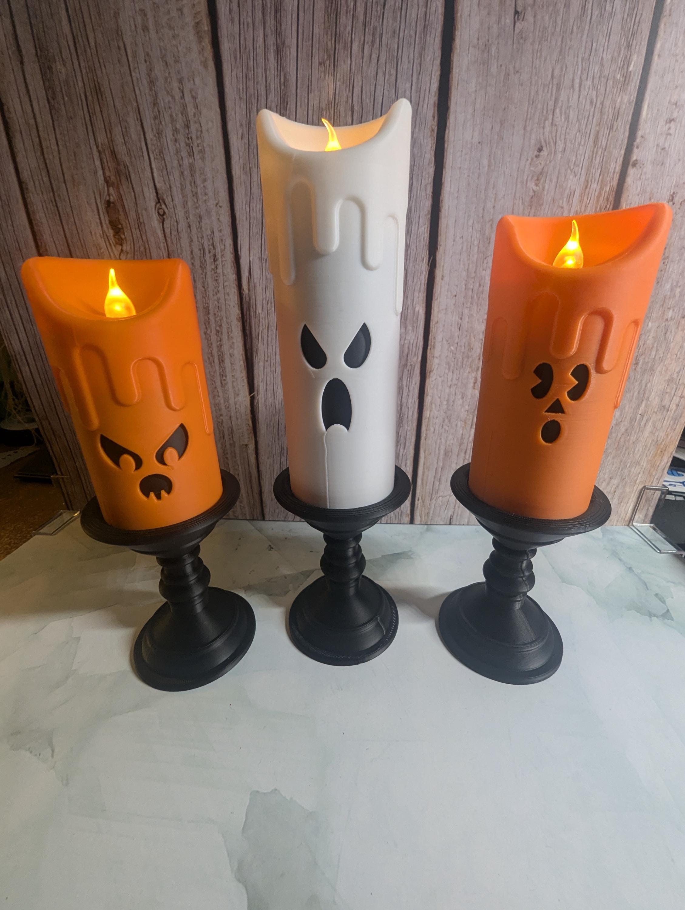 Set of 3 Spooky 3D Printed Halloween LED Candles with Ghostly Faces