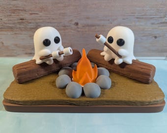 Ghost Campfire Scene with Marshmallows, Halloween Decor, Ghost Campfire Gathering