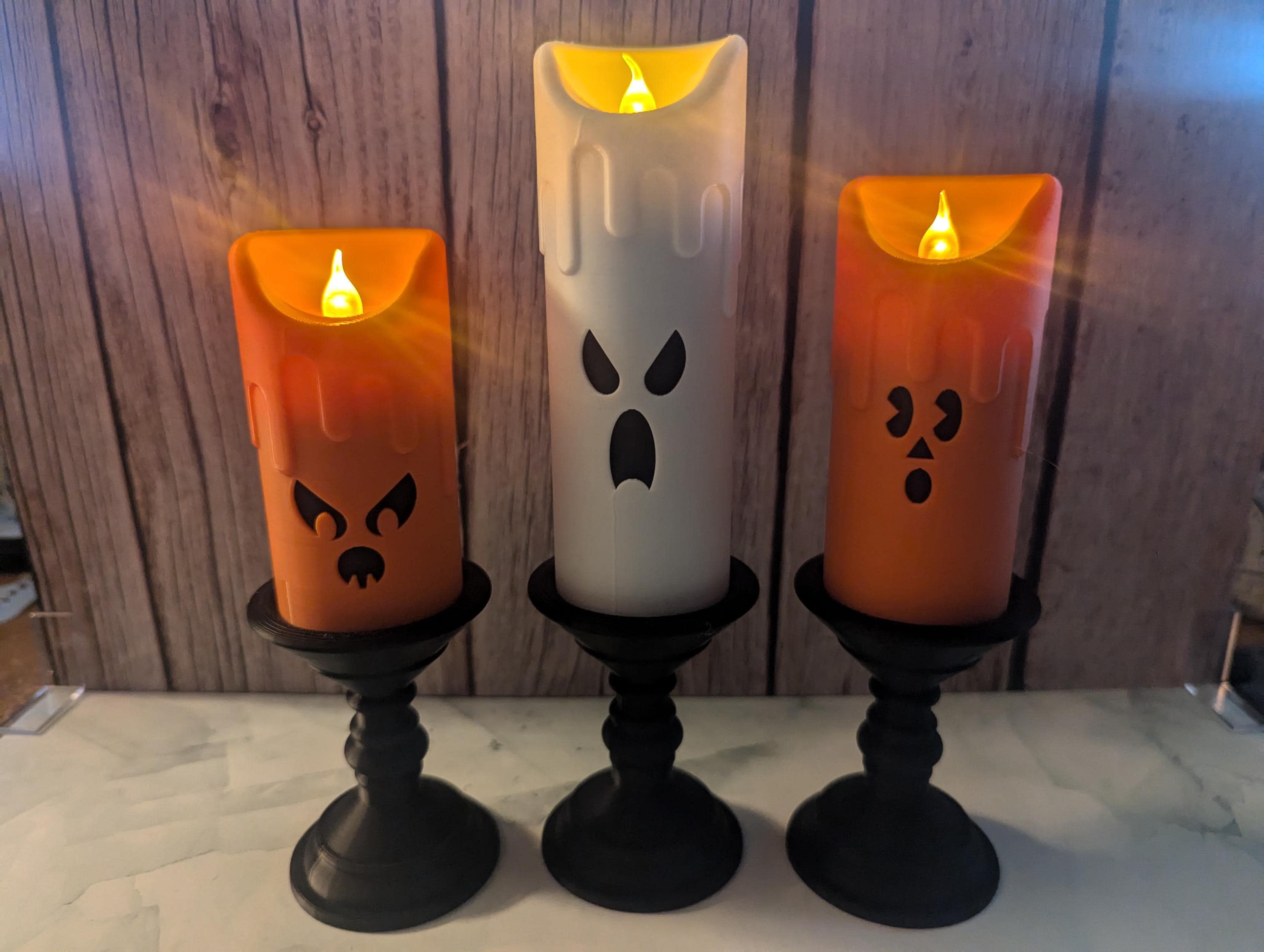 Set of 3 Spooky 3D Printed Halloween LED Candles with Ghostly Faces