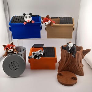 Trash Animals Articulating Fidget Toy - Includes Trash Can Tree Stump Dumpster - Raccoon, Panda, Fox, Possum, Skunk