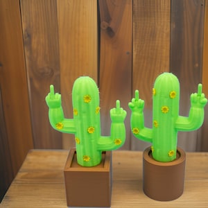 May include: Two green cactus figurines with yellow flowers and outstretched arms giving the middle finger. The cacti are in brown pots on a wooden surface.