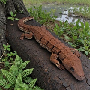 May include: A brown, segmented alligator sculpture with a textured surface rests on a dark, weathered log. The sculpture has a detailed head and tail, with a light-colored pattern along its back. Green foliage and water are in the background.