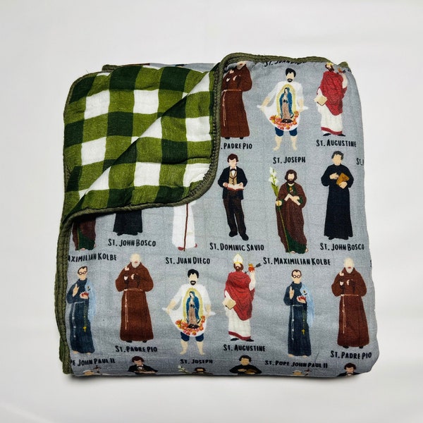 Catholic Saints Quilt - Bamboo and Cotton 8 Layer Muslin Blanket - Catholic Baby Gift