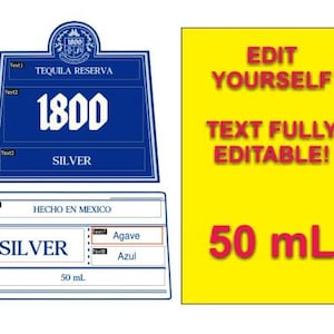 May include: A blue and white label with the text "Tequila Reserva 1800 Silver" and "Hecho en Mexico". The label also includes the text "Agave" and "Azul". The label is on a white background and has a 50 ml capacity.