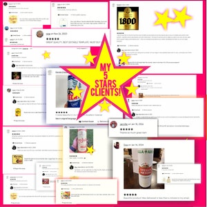May include: Five-star customer reviews for a digital product, featuring screenshots of the product and customer testimonials. The product is a digital label template for beer bottles. The reviews highlight the product's quality, ease of use, and fast delivery.