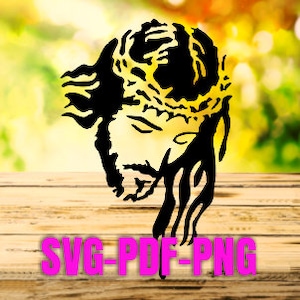 Puede incluir: Silueta en blanco y negro de la cara de Jesucristo con una corona de espinas. La imagen es una descarga digital en formatos SVG, PDF y PNG.