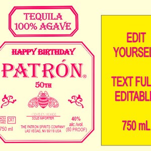Puede incluir: Una etiqueta rosa y blanca para una botella de tequila Patrón. La etiqueta dice "Feliz cumpleaños" y "Patrón" con un logotipo del 50 aniversario. La etiqueta también dice "Tequila 100% Agave" y "750 ml".