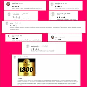 Puede incluir: Una colecci&oacute;n de rese&ntilde;as positivas de clientes para un producto sobre un fondo rosa. Las rese&ntilde;as incluyen calificaciones de estrellas y comentarios sobre la calidad, el dise&ntilde;o y el servicio al cliente del producto.