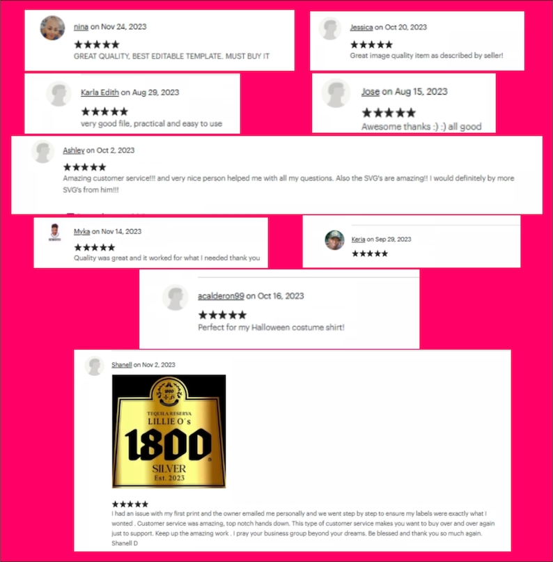 Puede incluir: Una colecci&oacute;n de rese&ntilde;as positivas de clientes para un producto sobre un fondo rosa. Las rese&ntilde;as incluyen calificaciones de estrellas y comentarios sobre la calidad, el dise&ntilde;o y el servicio al cliente del producto.
