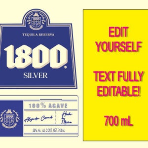 Puede incluir: Una etiqueta azul y plateada para una botella de tequila 1800 Reserva Silver. La etiqueta presenta el nombre de la marca "1800" en letras grandes y en negrita. La etiqueta también incluye el texto "Tequila Reserva" y "Silver". La etiqueta está rodeada por un borde blanco. La etiqueta es para una botella de 700 ml de tequila 100% agave.
