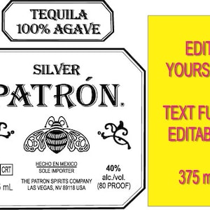 DIY Patron Tequila-etiket 375 ml Volledig aanpasbare PDF, vervang alle teksten zo vaak als je wilt door je eigen teksten. Het beste cadeau!