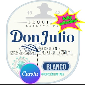 May include: A white label with blue text that reads "Don Julio Tequila Reserva de 100% de Agave Hecho en Mexico 750 mL Blanco Produccion Limitada". The label has a blue and white illustration of an agave plant. The label is surrounded by a white border.