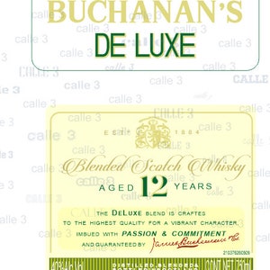 May include: A green and gold label for Buchanan's De Luxe Blended Scotch Whisky, aged 12 years. The label features a crest with the year 1884 and the text "The Deluxe blend is crafted to the highest quality for a vibrant character, imbued with passion & commitment and guaranteed by James Buchanan & Co."