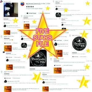 Puede incluir: Un collage de rese&ntilde;as de clientes para un servicio de dise&ntilde;o digital. Las rese&ntilde;as son todas de cinco estrellas y destacan la calidad del servicio. Las rese&ntilde;as son de Etsy y presentan el texto "Five Stars File" en una forma de estrella amarilla.