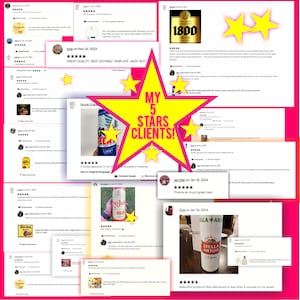 Puede incluir: Cinco estrellas de rese&ntilde;as de clientes para un producto digital, con capturas de pantalla del producto y testimonios de clientes. El producto es una plantilla de etiqueta digital para botellas de cerveza. Las rese&ntilde;as destacan la calidad del producto, la facilidad de uso y la entrega r&aacute;pida.