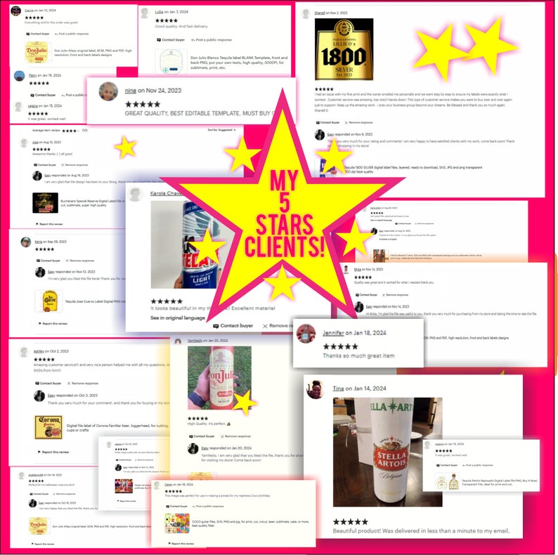 Puede incluir: Cinco estrellas de rese&ntilde;as de clientes para un producto digital, con capturas de pantalla del producto y testimonios de clientes. El producto es una plantilla de etiqueta digital para botellas de cerveza. Las rese&ntilde;as destacan la calidad del producto, la facilidad de uso y la entrega r&aacute;pida.