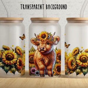 Sunflowers Highland Cow 16 oz Wrap PNG Summer Flowers Frosted Glass Sublimation Design Watercolor Floral Libbey Cup PNG Cute Animal PNG