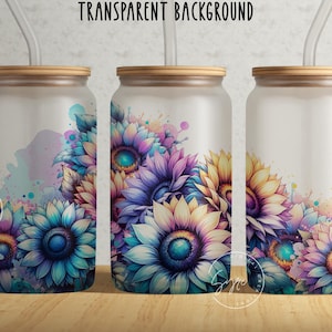 Purple Sunflowers Tumbler Wrap 16 oz Wrap PNG Summer Flowers Frosted Glass Sublimation Design Watercolor Floral Libbey Cup PNG Digital