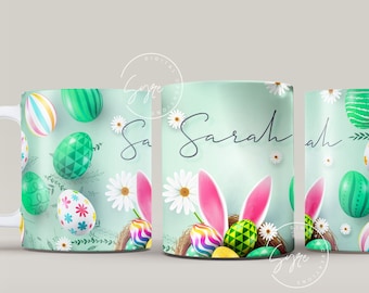 Easter Mug Design, Add Your Name, Bunny PNG, Rabbit Design Mug, Easter Egg Pattern, 11 & 15 Oz Mug Cricut Press Sublimation Wrap