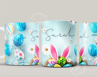Easter Mug Design, Add Your Name, Bunny PNG, Rabbit Design Mug, Easter Egg Pattern, 11 & 15 Oz Mug Cricut Press Sublimation Wrap
