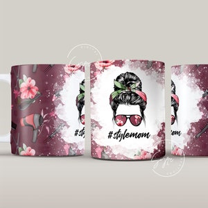 Mom Life HairDresser Messy Bun Hair Sublimation Mug Template, Coffee Mug Wrap, 11 & 15 Oz Mug, Cricut Mug Press Sublimation Wrap Template