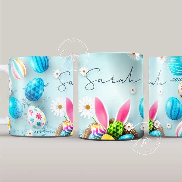 Easter Mug Design, Add Your Name, Bunny PNG, Rabbit Design Mug, Easter Egg Pattern, 11 & 15 Oz Mug Cricut Press Sublimation Wrap