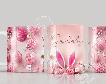 Easter Mug Design, Add Your Name, Bunny PNG, Rabbit Design Mug, Easter Egg Pattern, 11 & 15 Oz Mug Cricut Press Sublimation Wrap